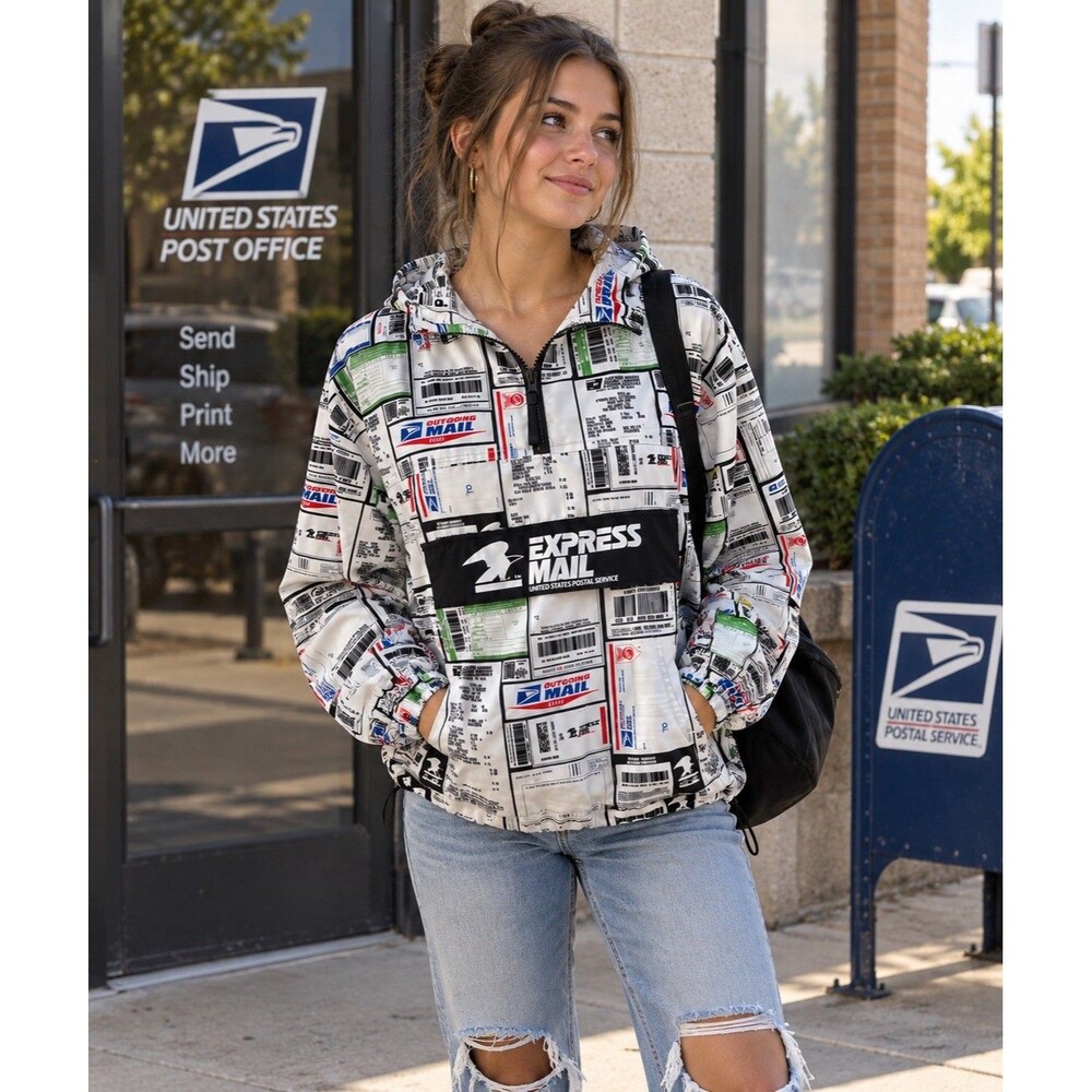 Forever 21 EXPRESS MAIL USPS 1/4 Zip Hooded Pullover Windbreaker Jacket Size S